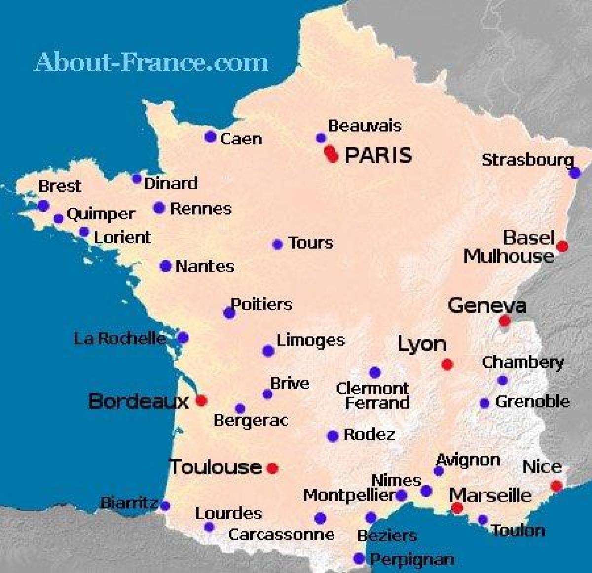 kaart van Frankrijk toont luchthavens