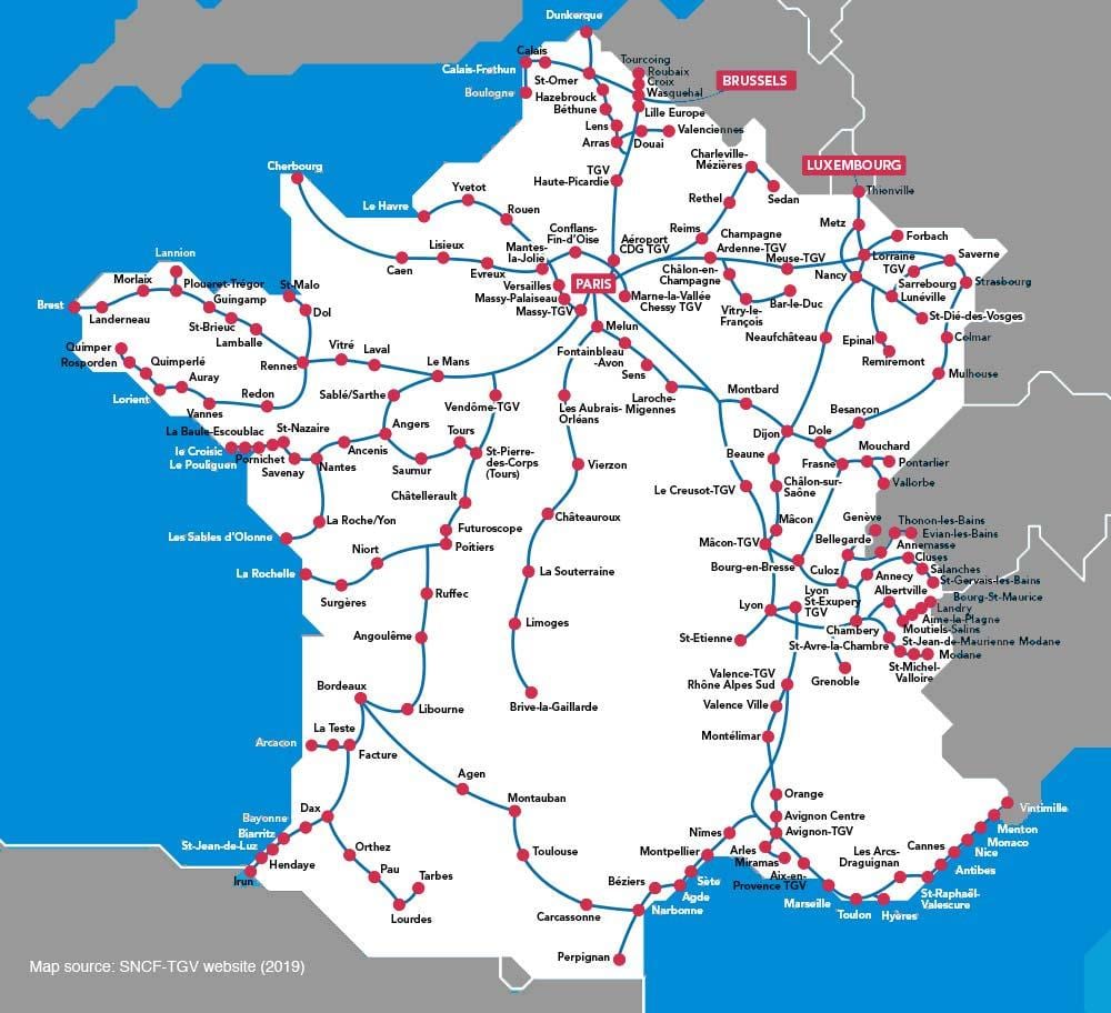 kaart van Frankrijk met de tgv routes