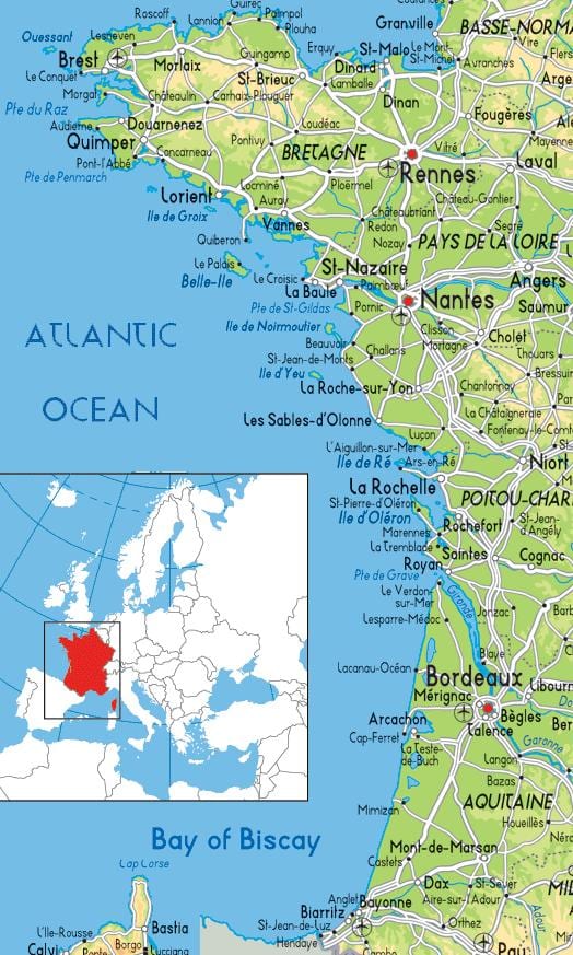 kaart van Frankrijk west kust